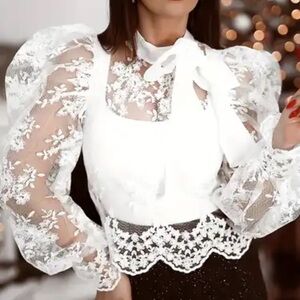 Eillie Bazar puff sleeves White mock neck Lace Blouse L